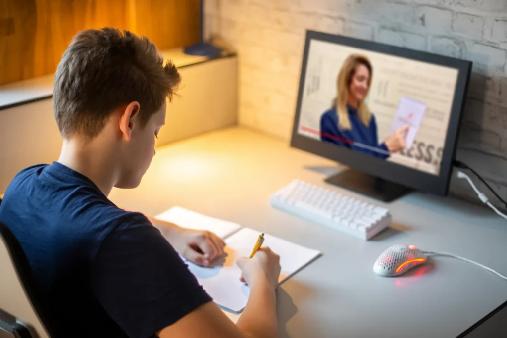 Uczeń robi notatki podczas korepetycje matematyka online liceum
